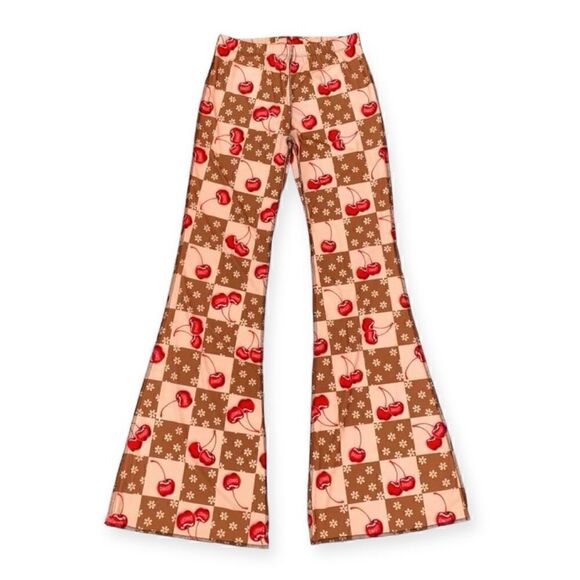 NWT OMighty Cherry Check Flare Wide Leg Pants Sz Small - Picture 1 of 5